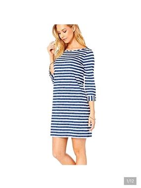 Lilly Pulitzer Marlowe Blue/White Striped Long Sleeve T-Shirt Dress L
